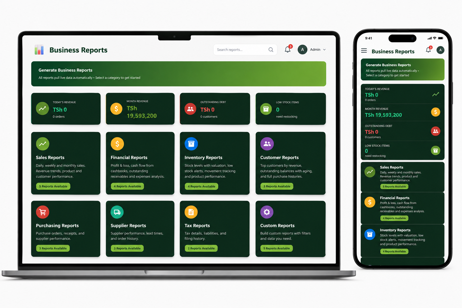 Kendrix POS Business Reports and Purchasing screens shown on laptop and phone
